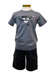 Embroidered Gray Camouflage Smiley design with 'GA' Logo Top and Short Set