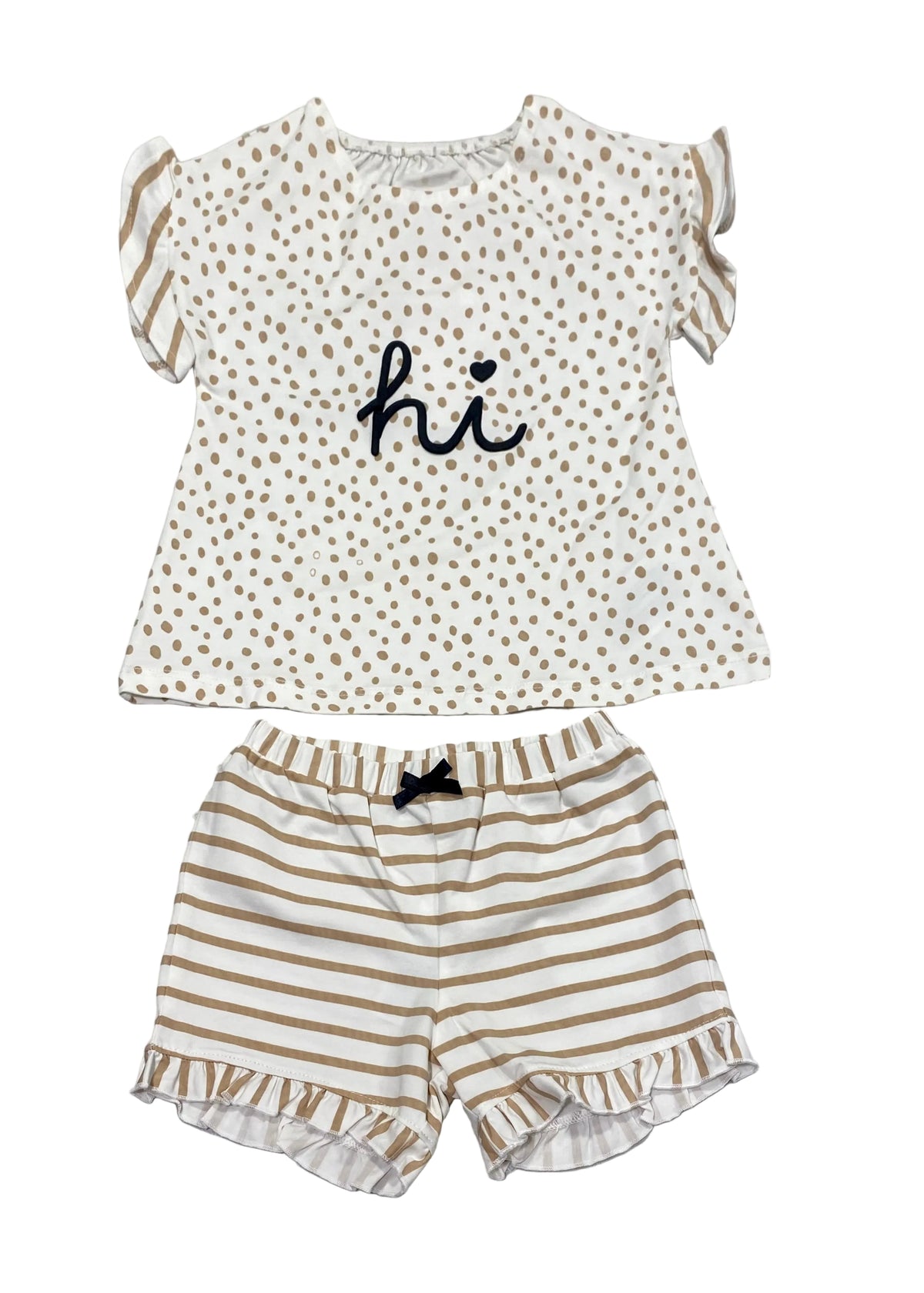 Beige Polka Top and Stripe Pattern Printed Short Set