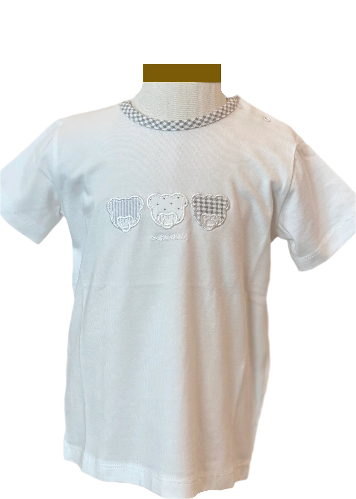 Checkered Neckline with Bear Patches Short Sleeve T-Shirt