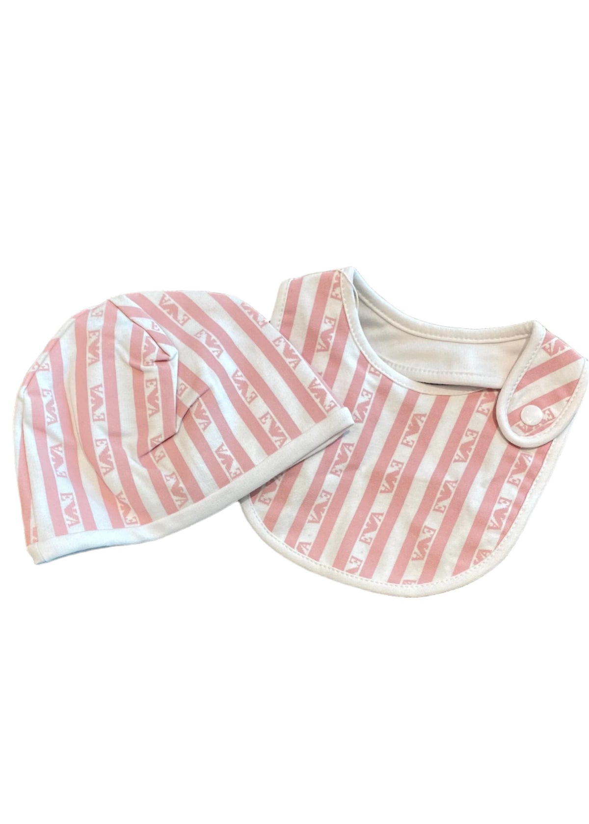 Hat and Bib Set with Stripes and AOP Brand Logo Design