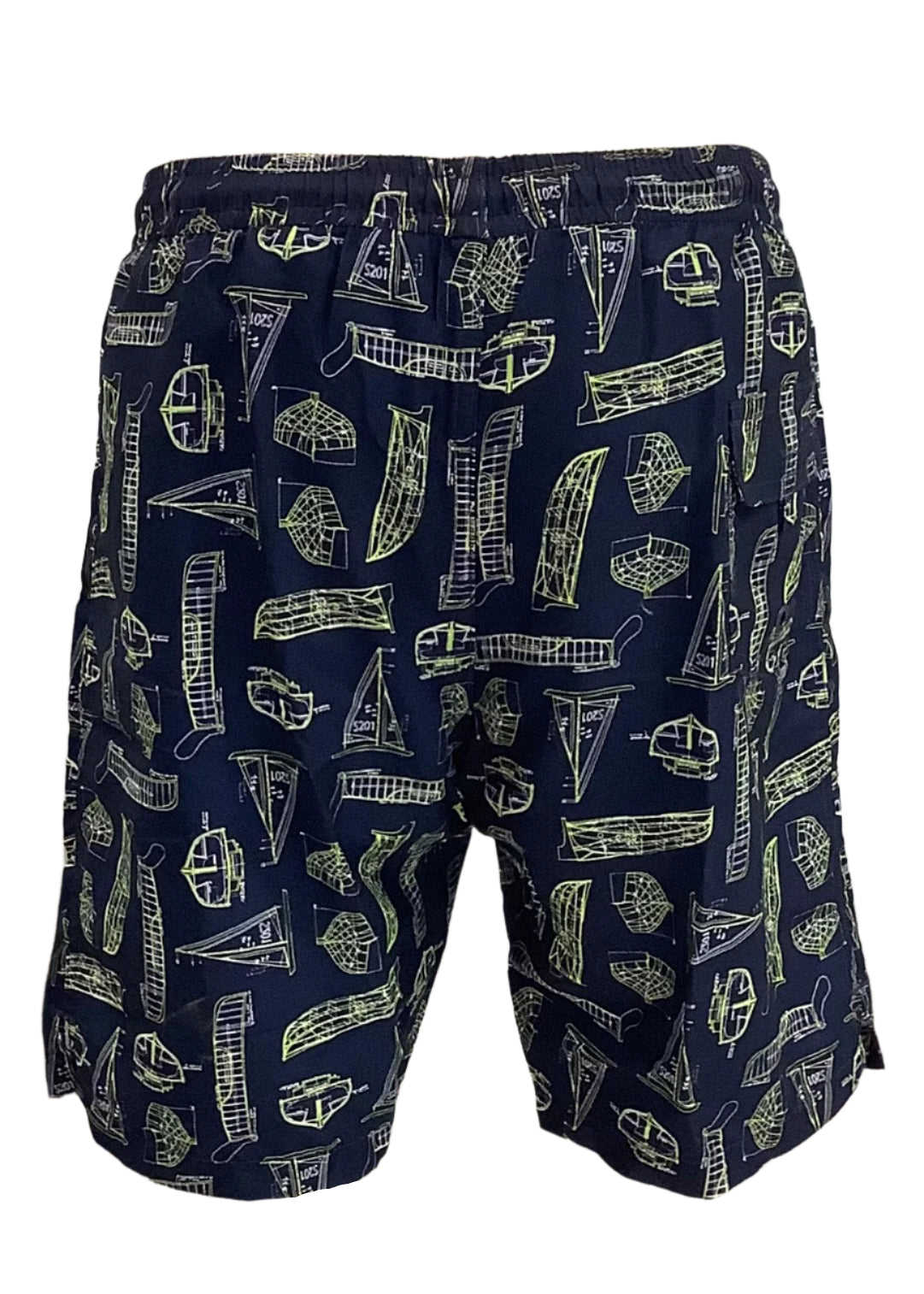 Navy Blue Green All Over Nautical Blueprint Swim Shorts
