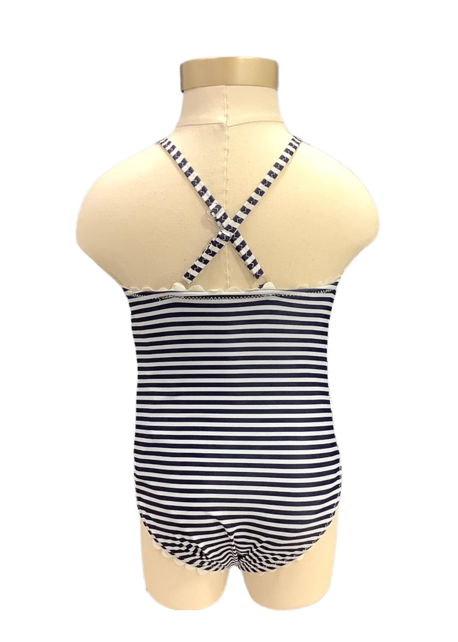 White Navy Blue Stripes Flower Applique Swimsuit
