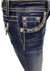 Denim Blue Studded Cuffed Capri Quarter Pants
