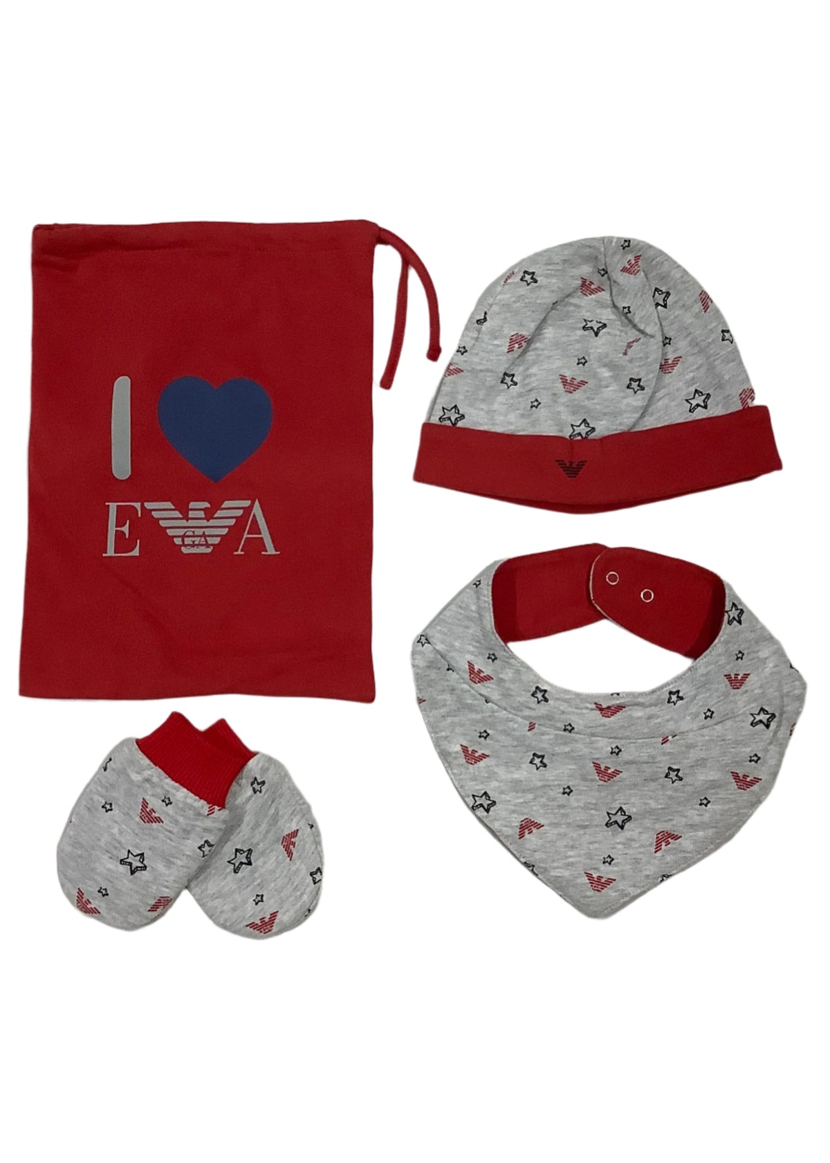 Gray Red Bib-Hat-Mittens Gift Set