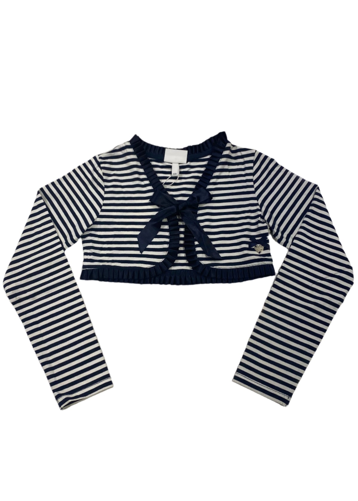 Navy Blue White Striped Bolero with Ruffled Satin Cardigan
