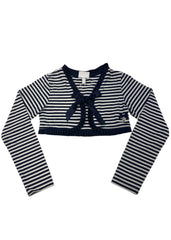 Navy Blue White Striped Bolero with Ruffled Satin Cardigan