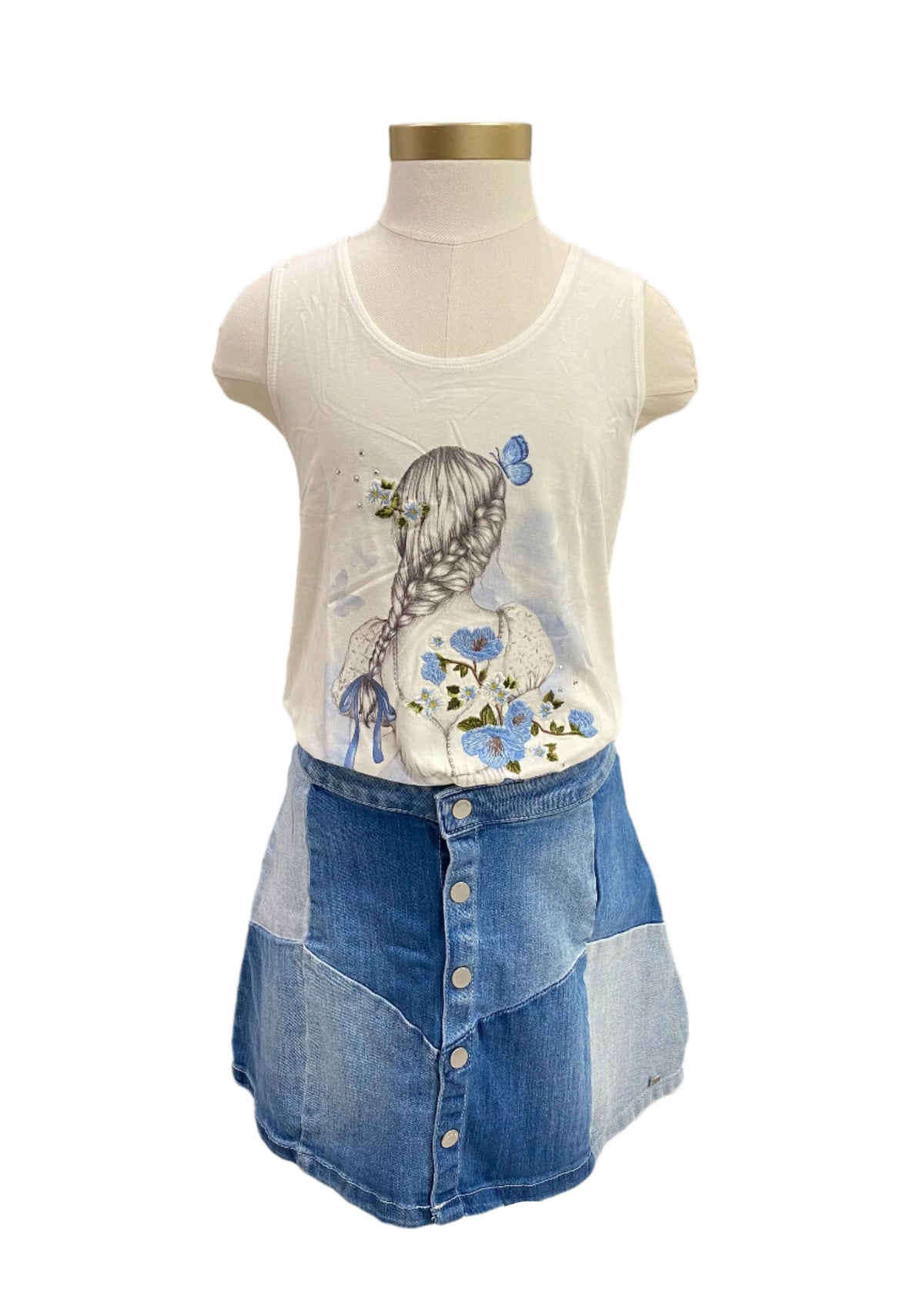 White Blue Floral and Butterfly Embroidery with Patched Skirt Set
