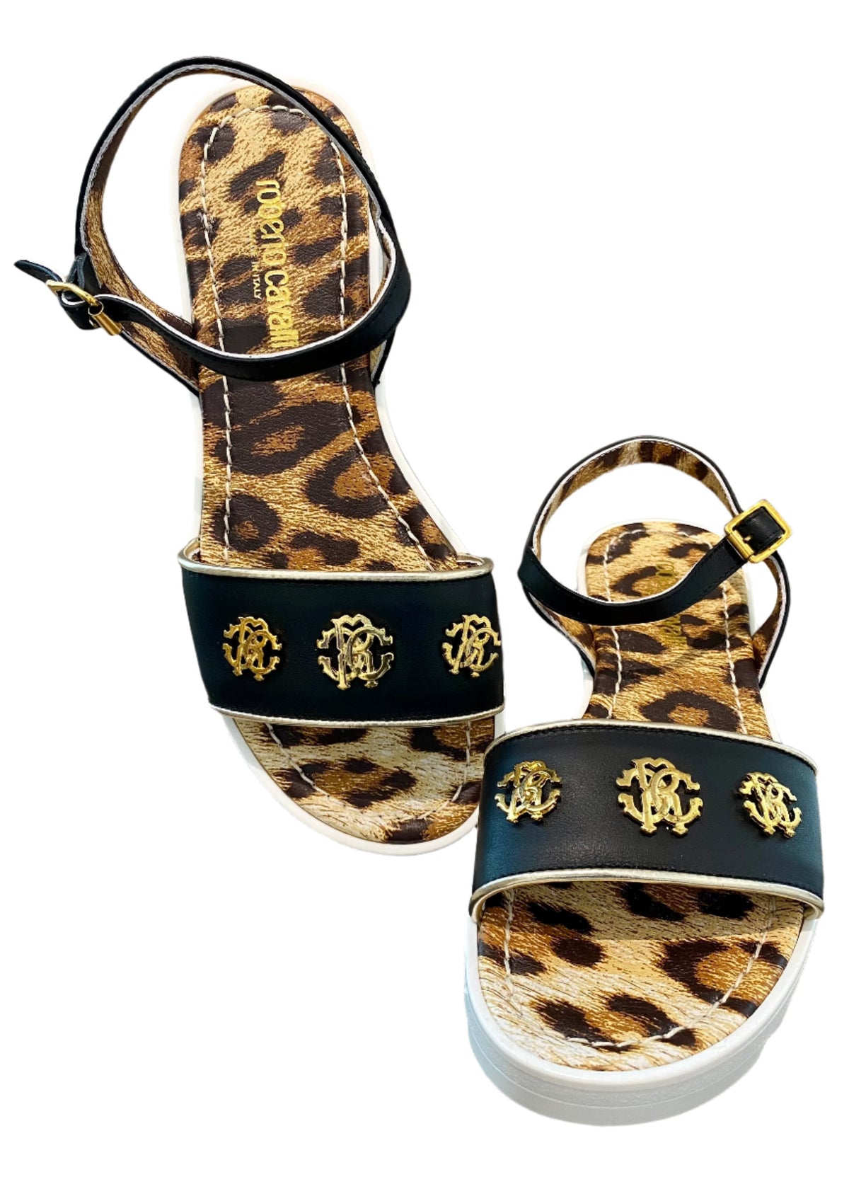 3 Gold Emblem 'RC' Logo Strap Sandals