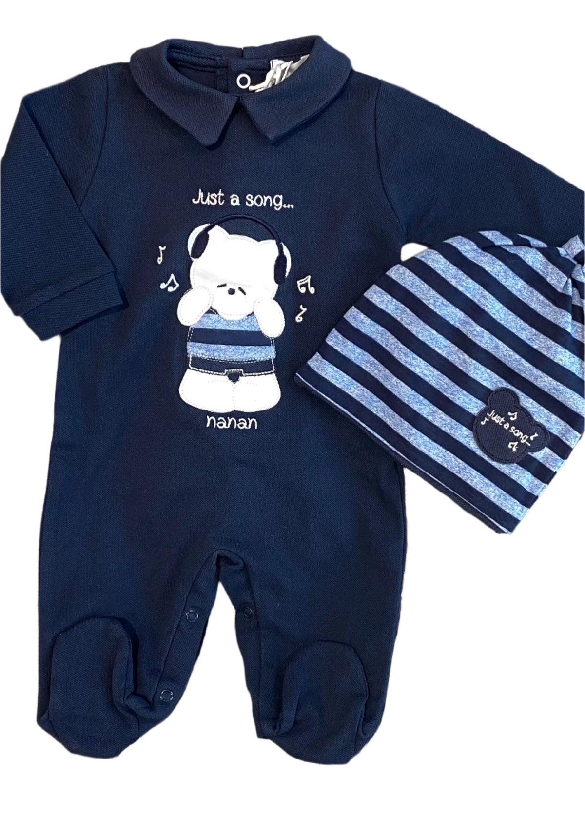 'Just a Song' Bear Music Embroidery Romper and Hat Set