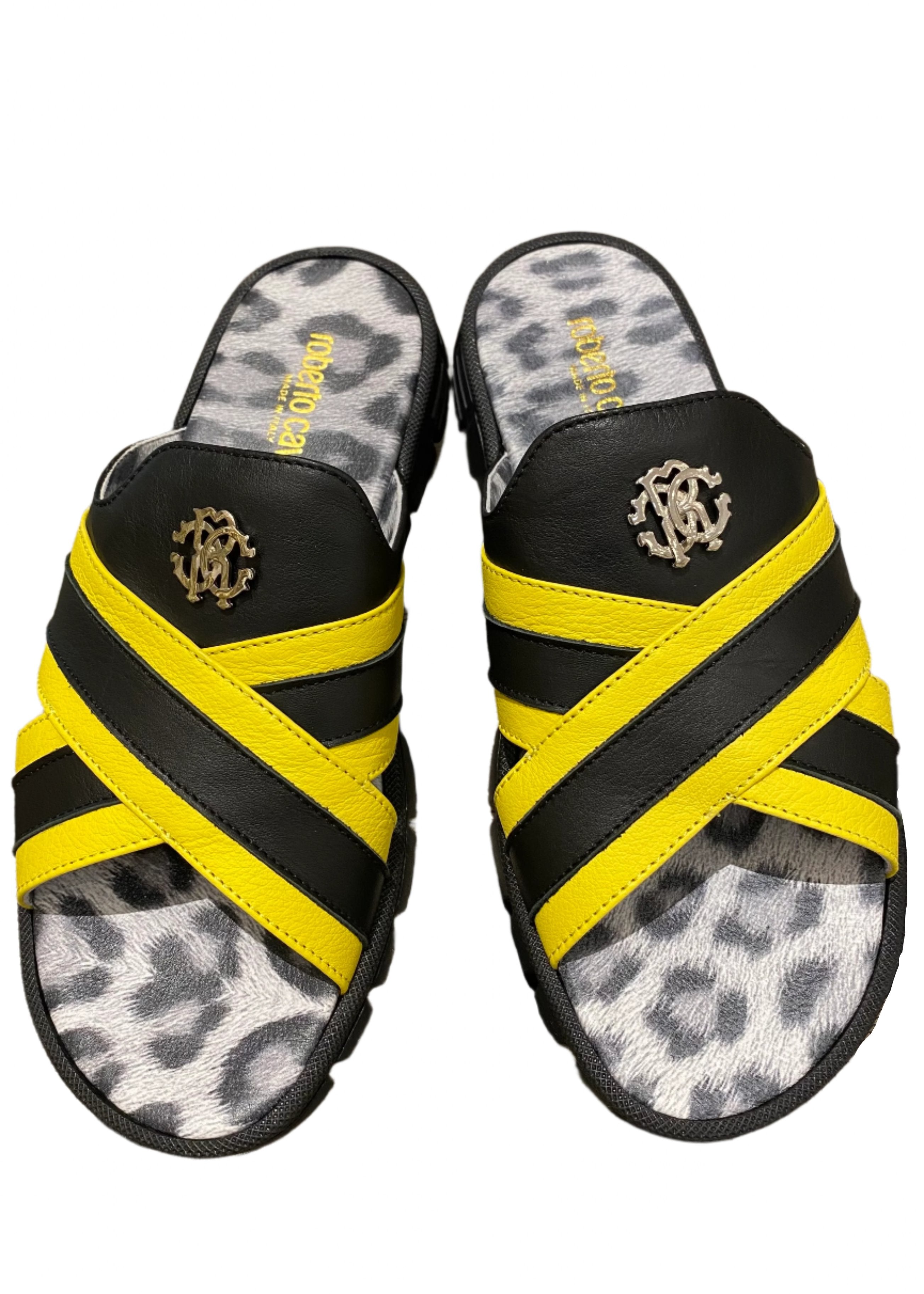 Crossed Black and Yellow Strap Slip-On Sandals