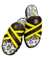 Crossed Black and Yellow Strap Slip-On Sandals