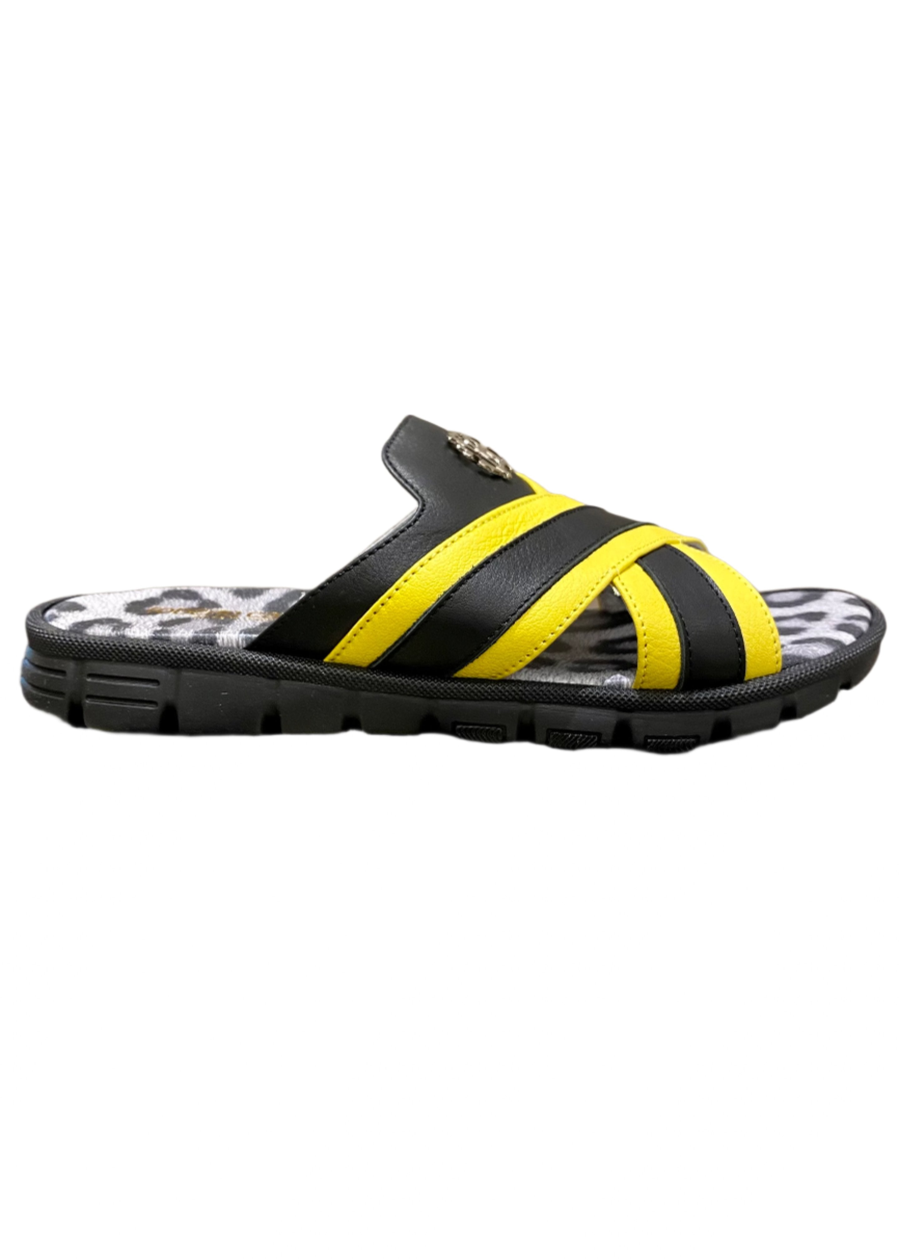 Crossed Black and Yellow Strap Slip-On Sandals