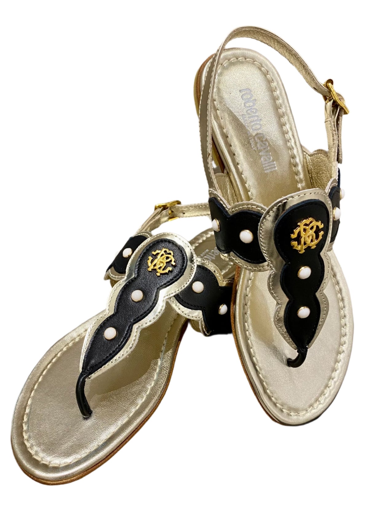 Pearl Studded T-Strap Gold Sandals