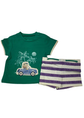 Green Blue White Green Top with Striped Shorts Top and Shorts Set