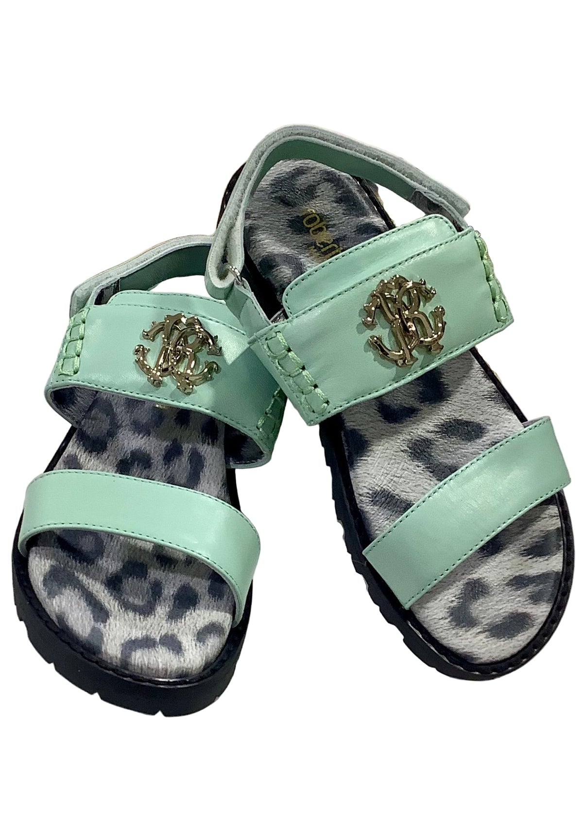 Mint Green Velcro Straps Leather Sandals
