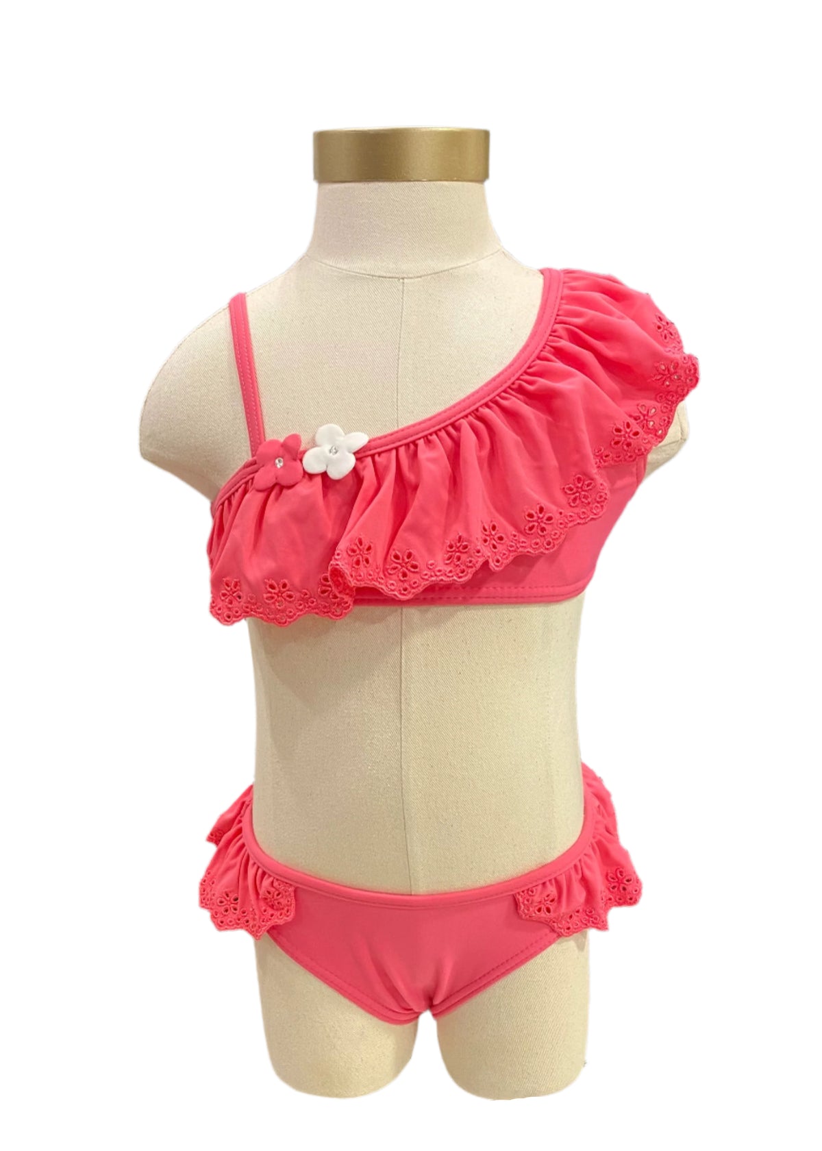 Pink Two-piece Embroidered Frills Swimsuit