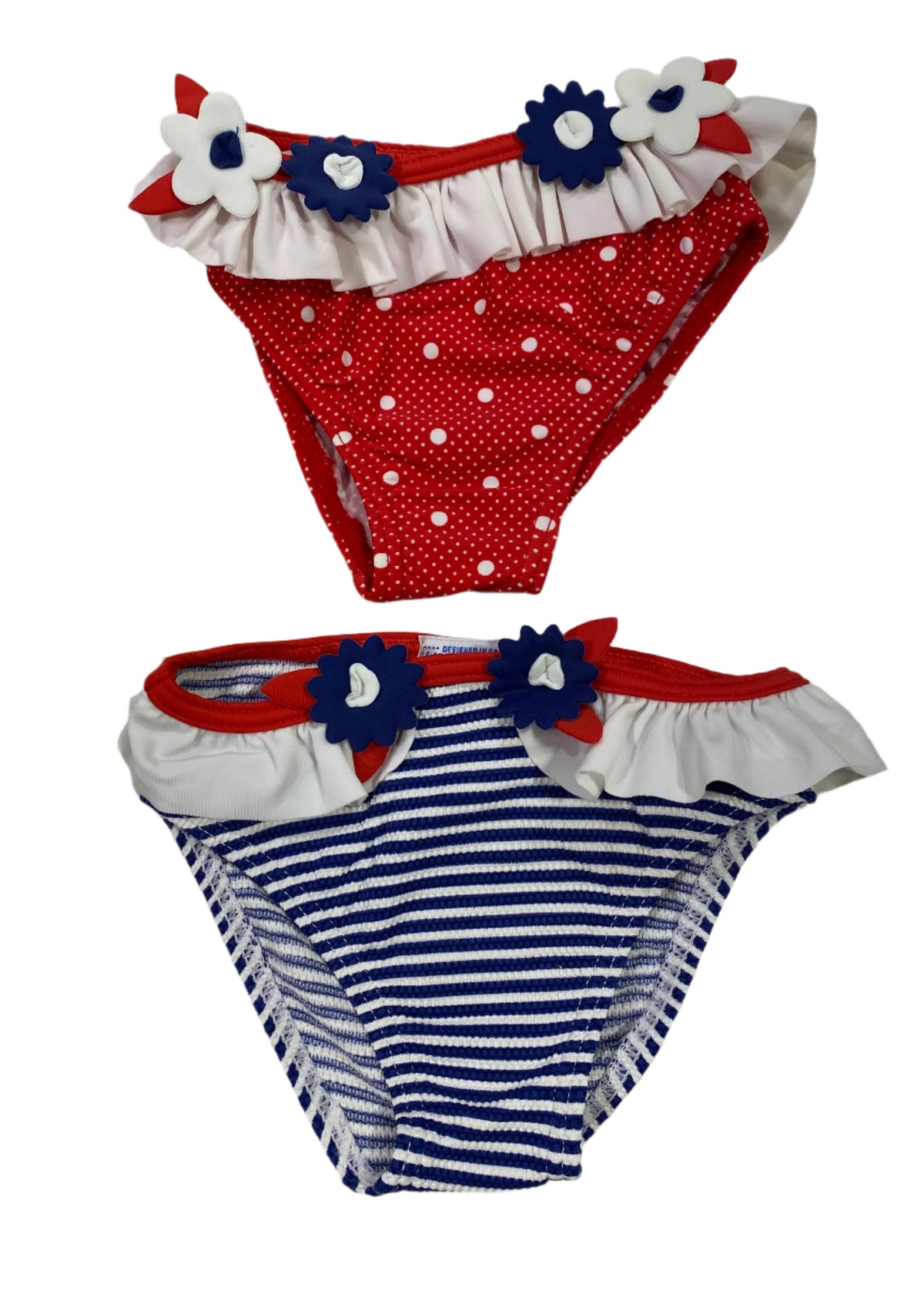Navy Blue Stripe and Polka Dots with Flower Applique Bikini