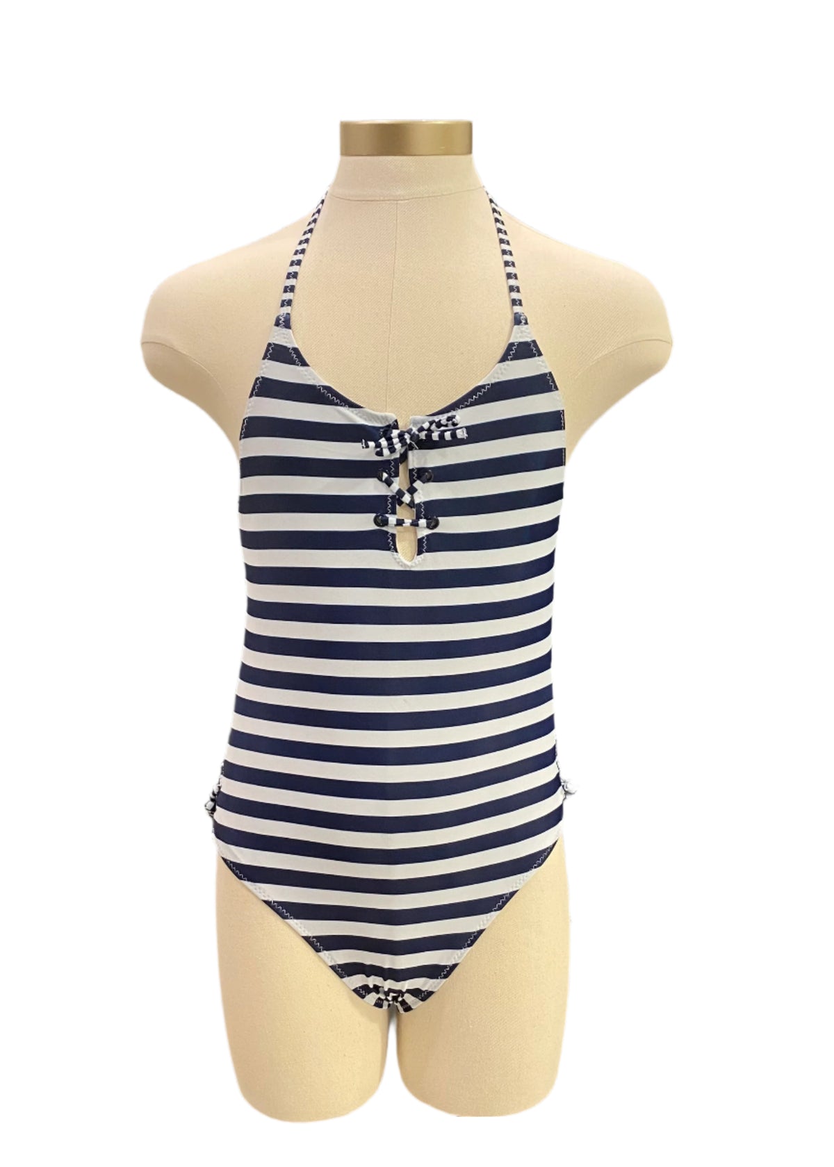 White Navy Blue Crisscross Lace-Up Swimsuit