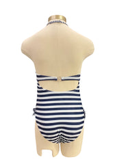 White Navy Blue Crisscross Lace-Up Swimsuit