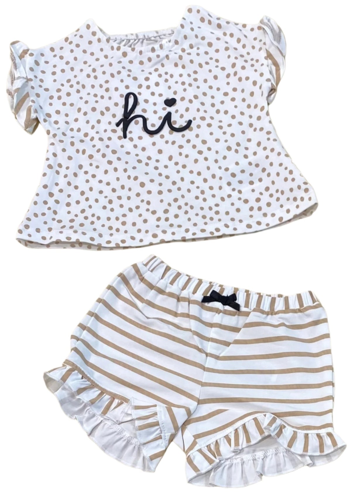 Beige Polka Top and Stripe Pattern Printed Short Set