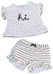 Beige Polka Top and Stripe Pattern Printed Short Set