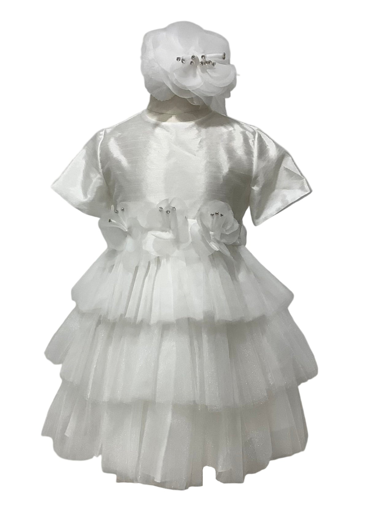 White Silk Tulle Floral Baby Dress Set