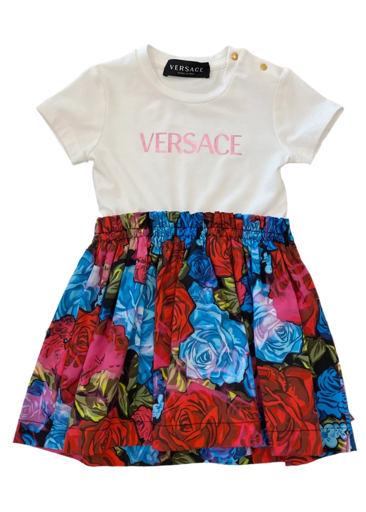 Versace Blue and Red Roses Print Dress