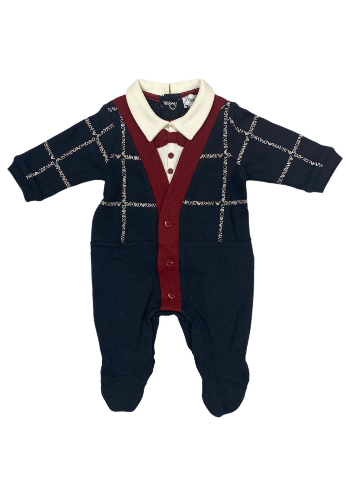 'Emporio Armani' Square Pattern with Burgundy Bow Tie Romper Suit