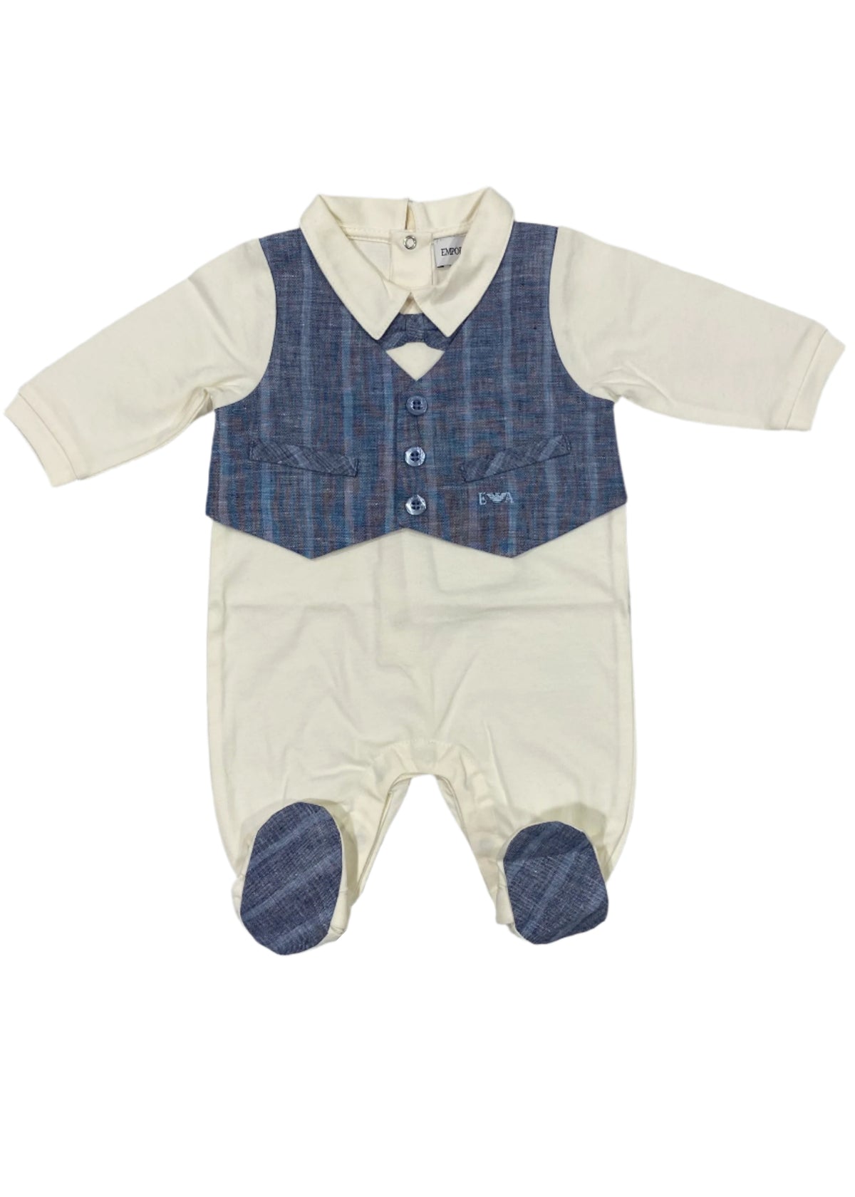 Collared Blue Vest and Bow Tie Design Romper Suit