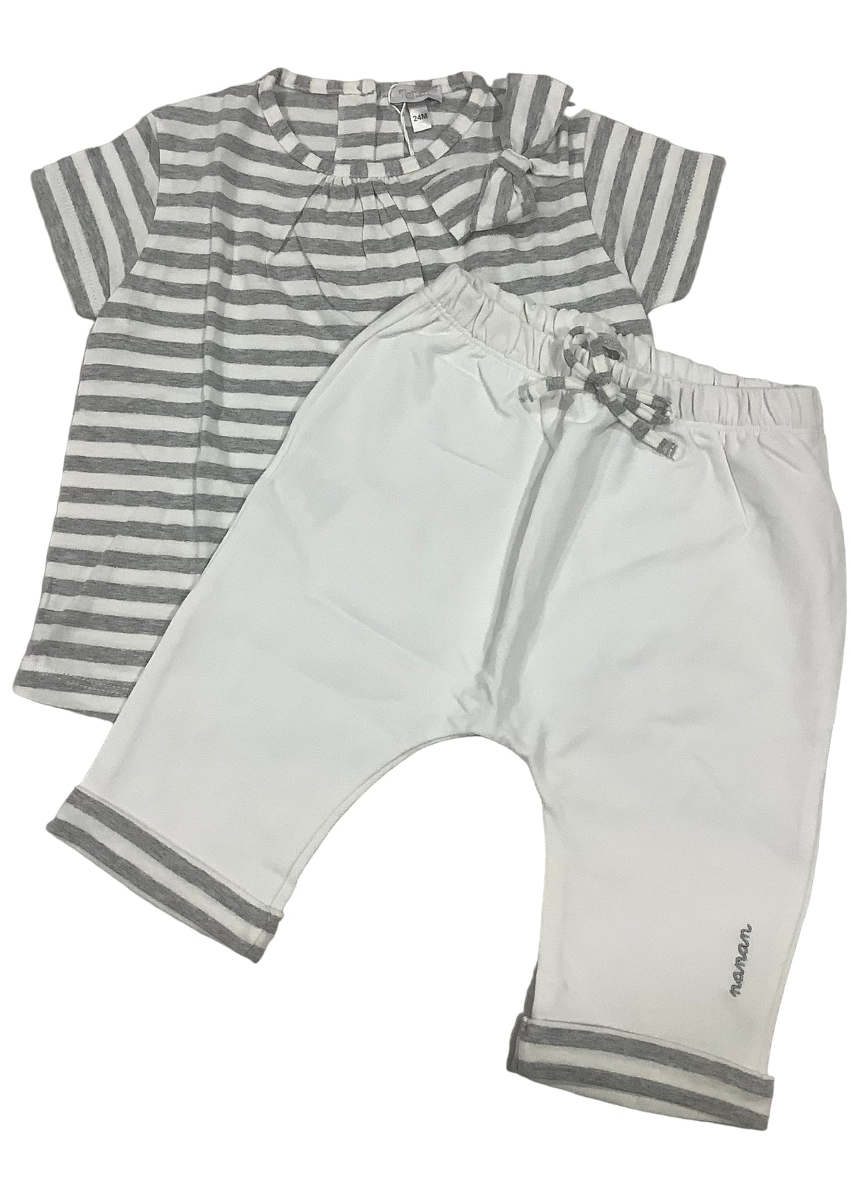 White Gray Striped Ribbon Top and Trousers Set