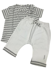White Gray Striped Ribbon Top and Trousers Set