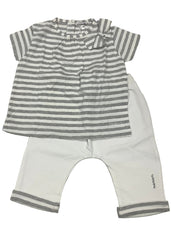 White Gray Striped Ribbon Top and Trousers Set
