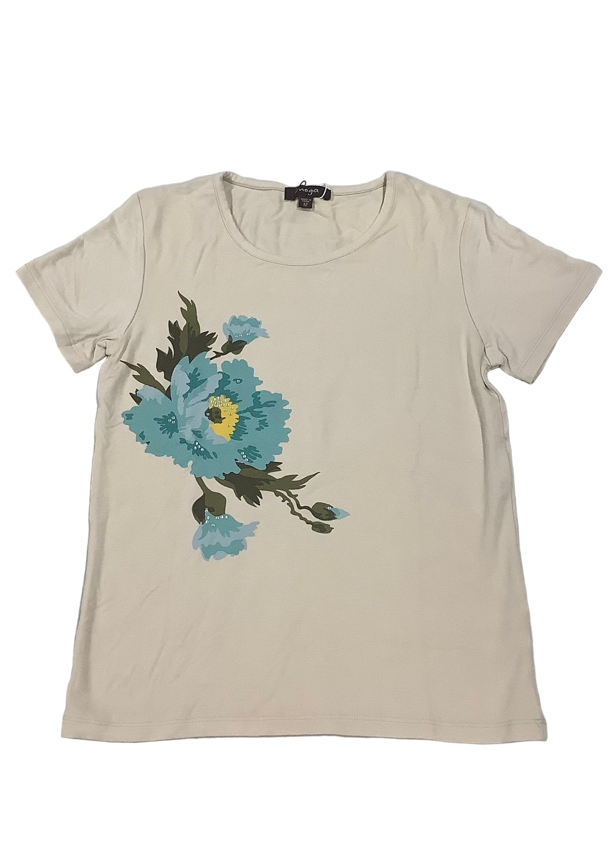 Beige Blue Green Flower Print Short Sleeve T-Shirt