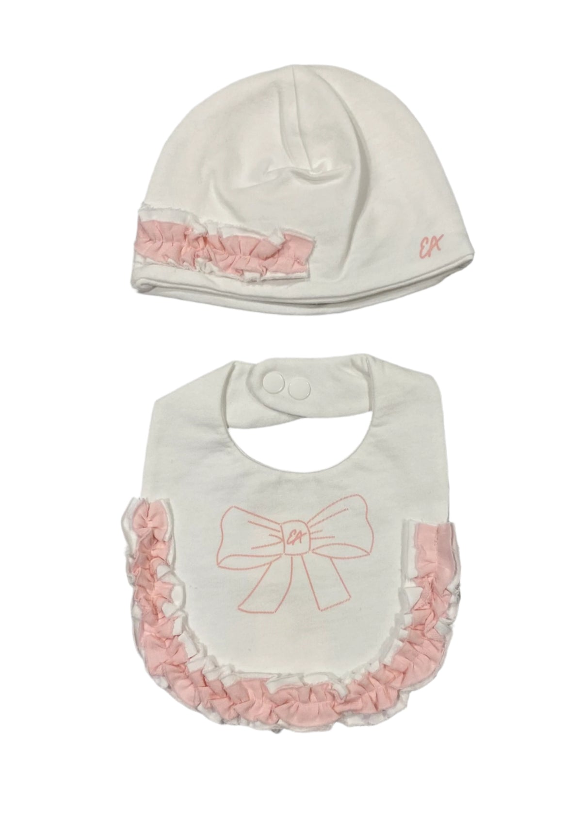'EA' Ribbon Print Ruffled Hat and Bib