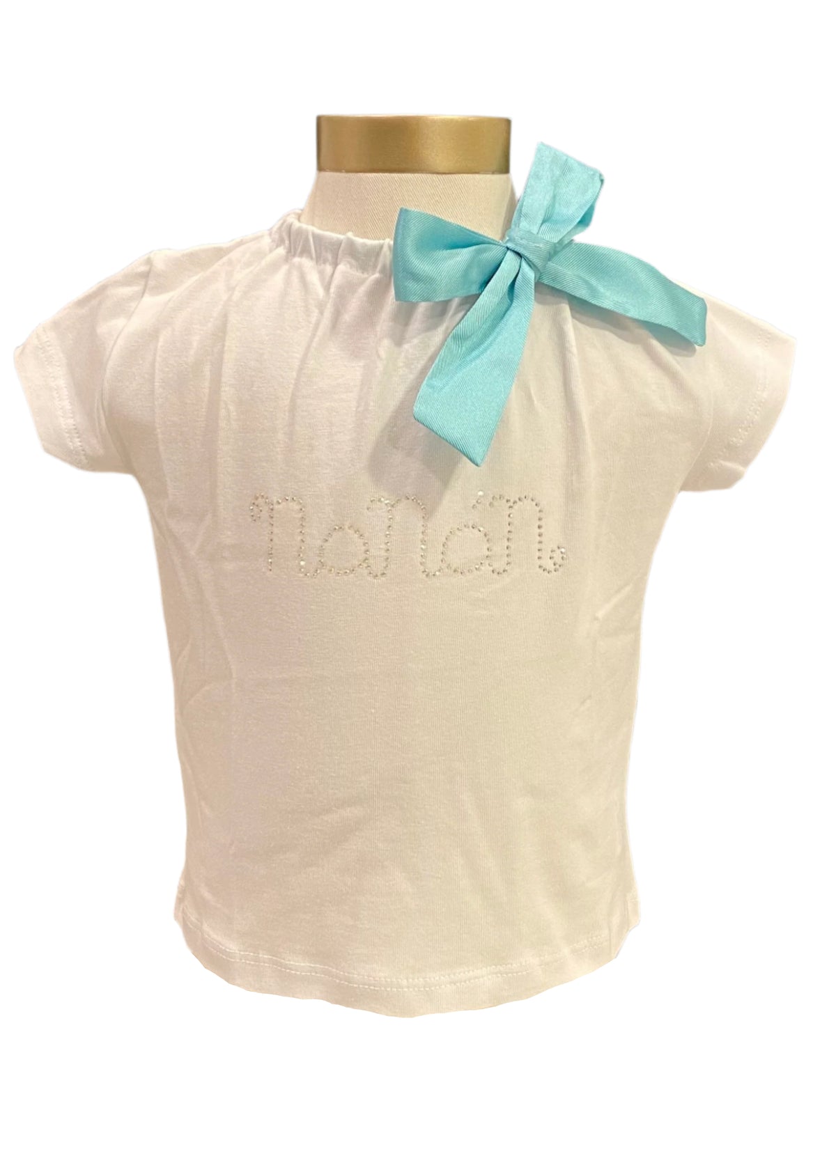 White Green Jewel Neckline Tee with Green Bow Short Sleeve T-Shirt