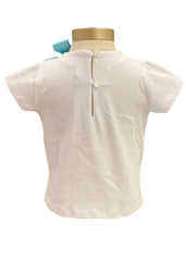 White Green Jewel Neckline Tee with Green Bow Short Sleeve T-Shirt