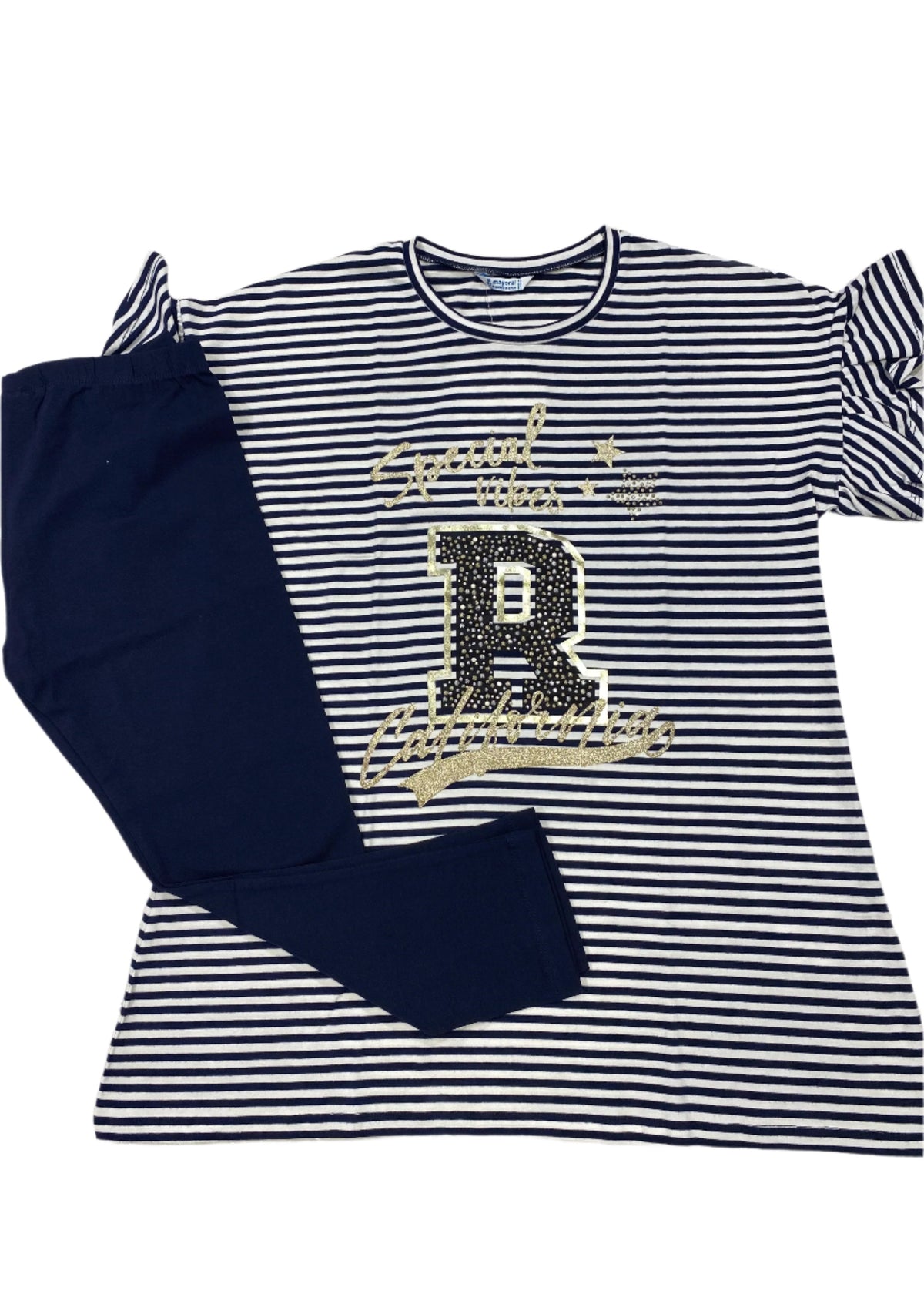 Navy Blue and White Stripe Dress with Leggings Set