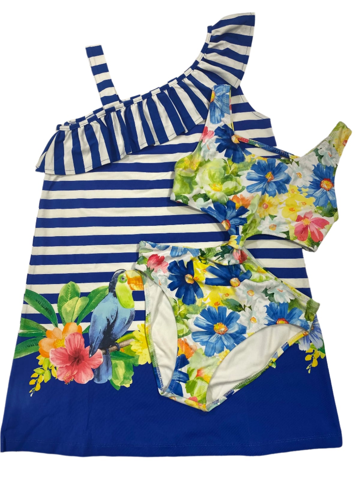 Blue Floral Cut-Out Swimsuit with Cover-Up Dress