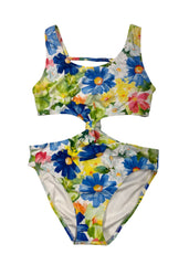 Blue Floral Cut-Out Swimsuit with Cover-Up Dress