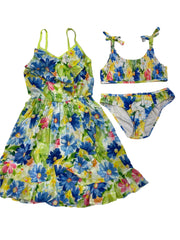 Floral Shirred Two-Piece Swimsuit with Cover-Up Dress