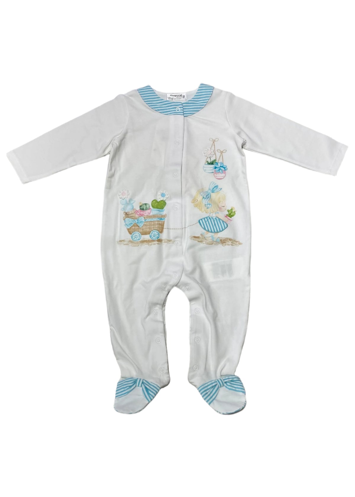 Blue Little Girl Flower Basket Embroidery Romper