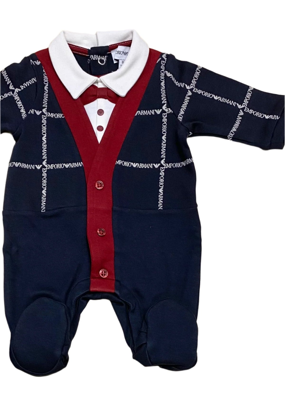 'Emporio Armani' Square Pattern with Burgundy Bow Tie Romper Suit