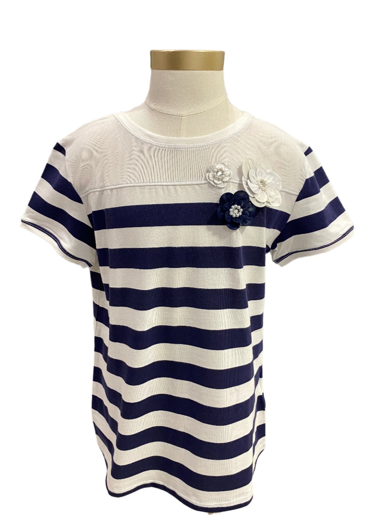 White Navy Blue Stripe Top with Flower Short Sleeve T-Shirt