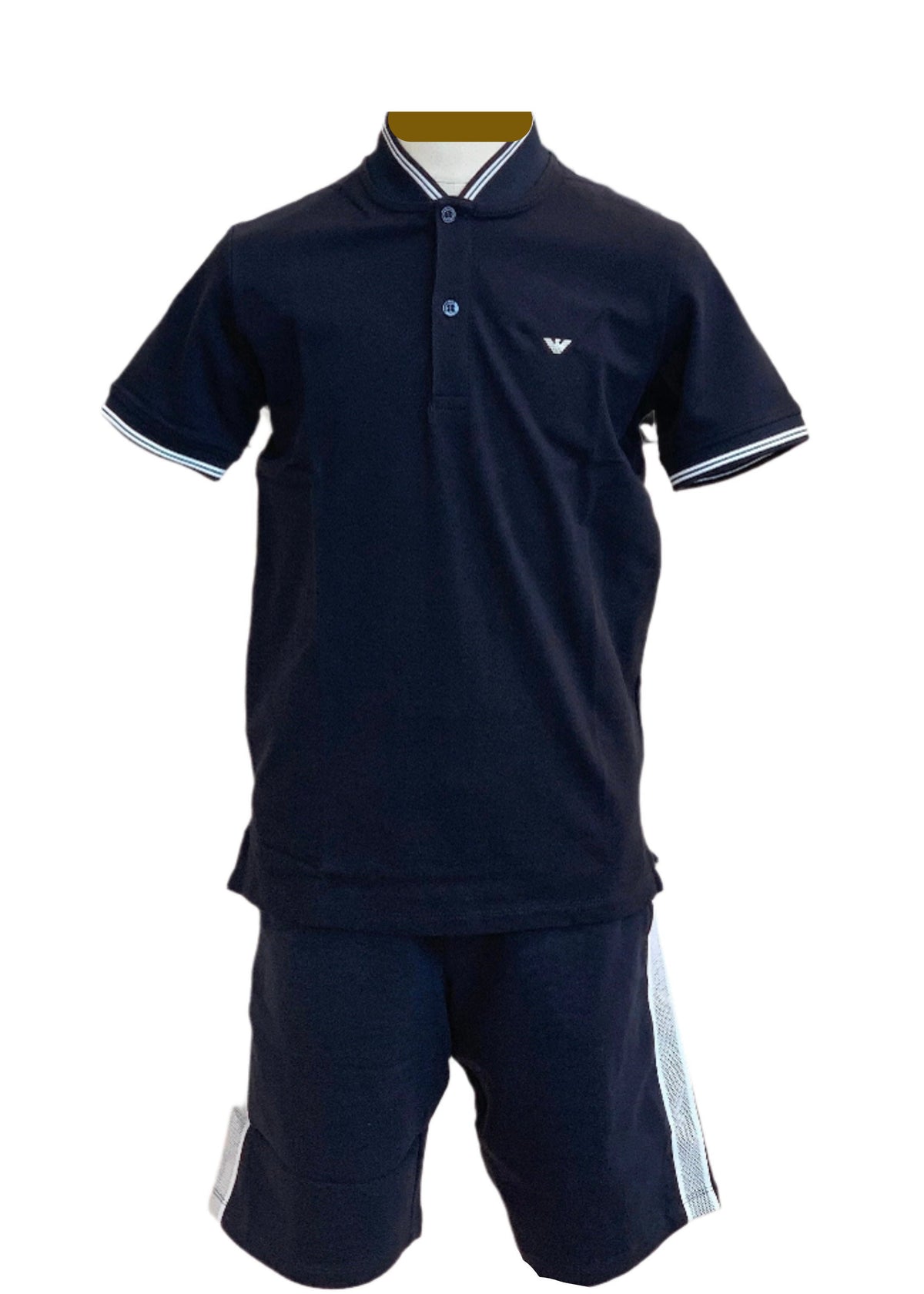 Navy Blue Stretch Pique Polo Top and Short Set