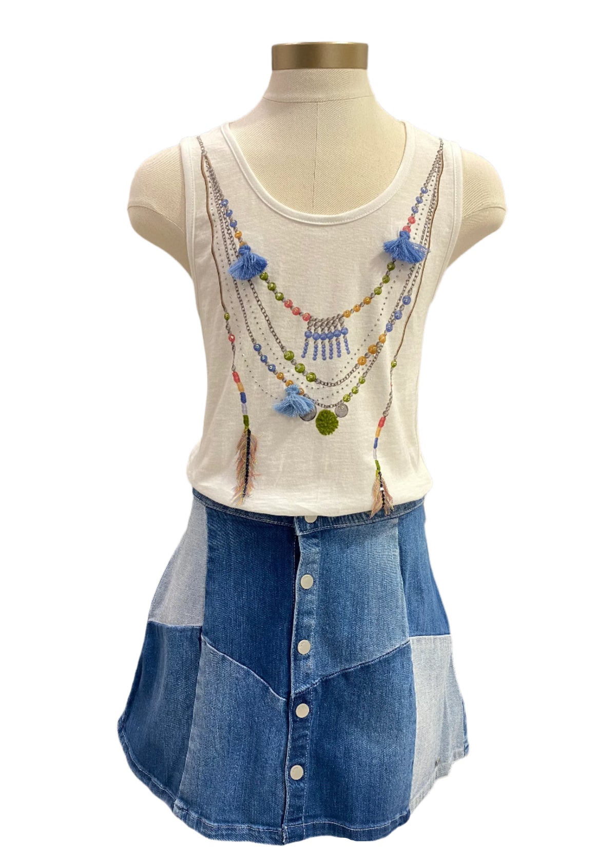 White Blue Mesh Fabric Back with Denim Skirt Set