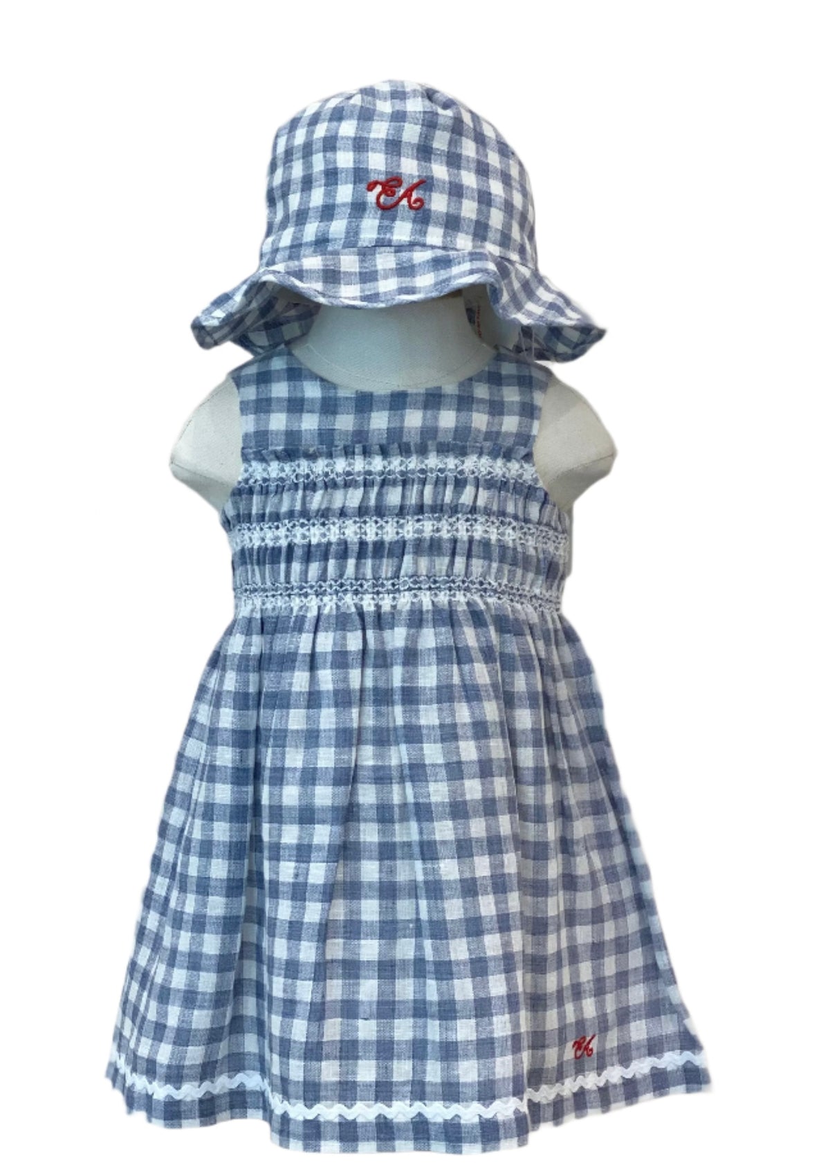 Gingham Print Dress and Hat Set