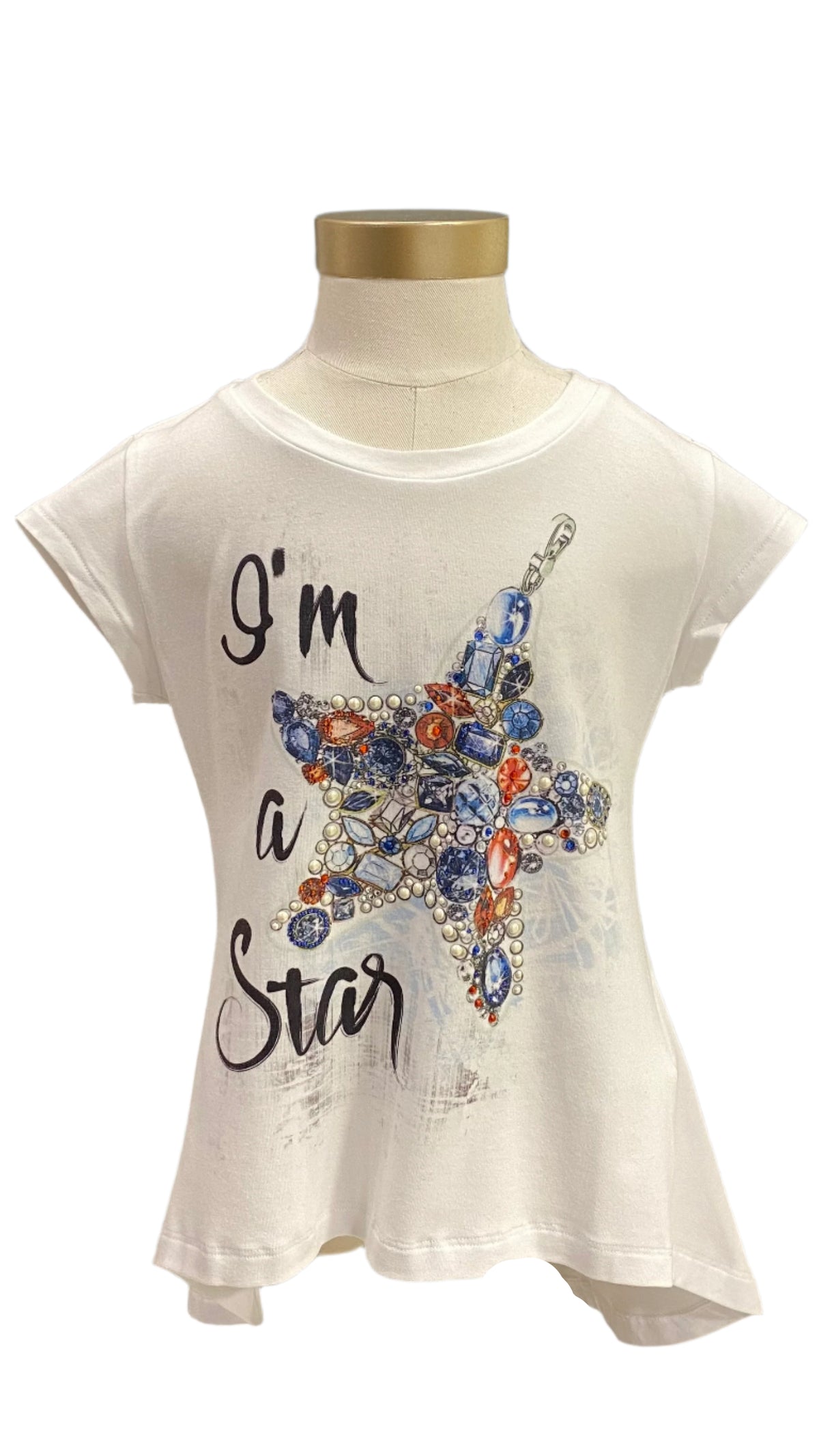 White Multi Gioiello Flare Long Back Short Sleeve T-Shirt