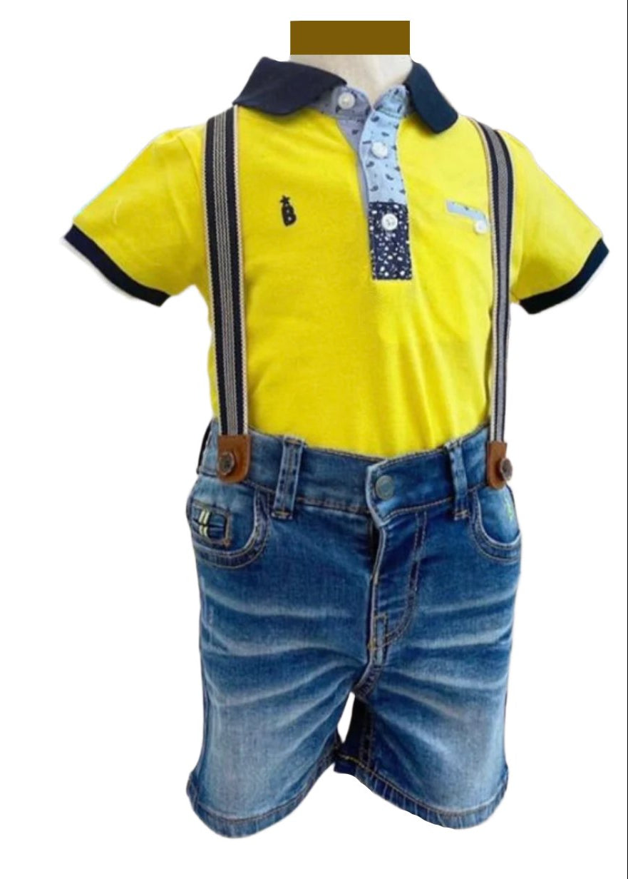 Yellow Shirt with Denim Short and Suspender