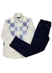 Navy Blue White Blue Checkered Design Top and Trouser Set