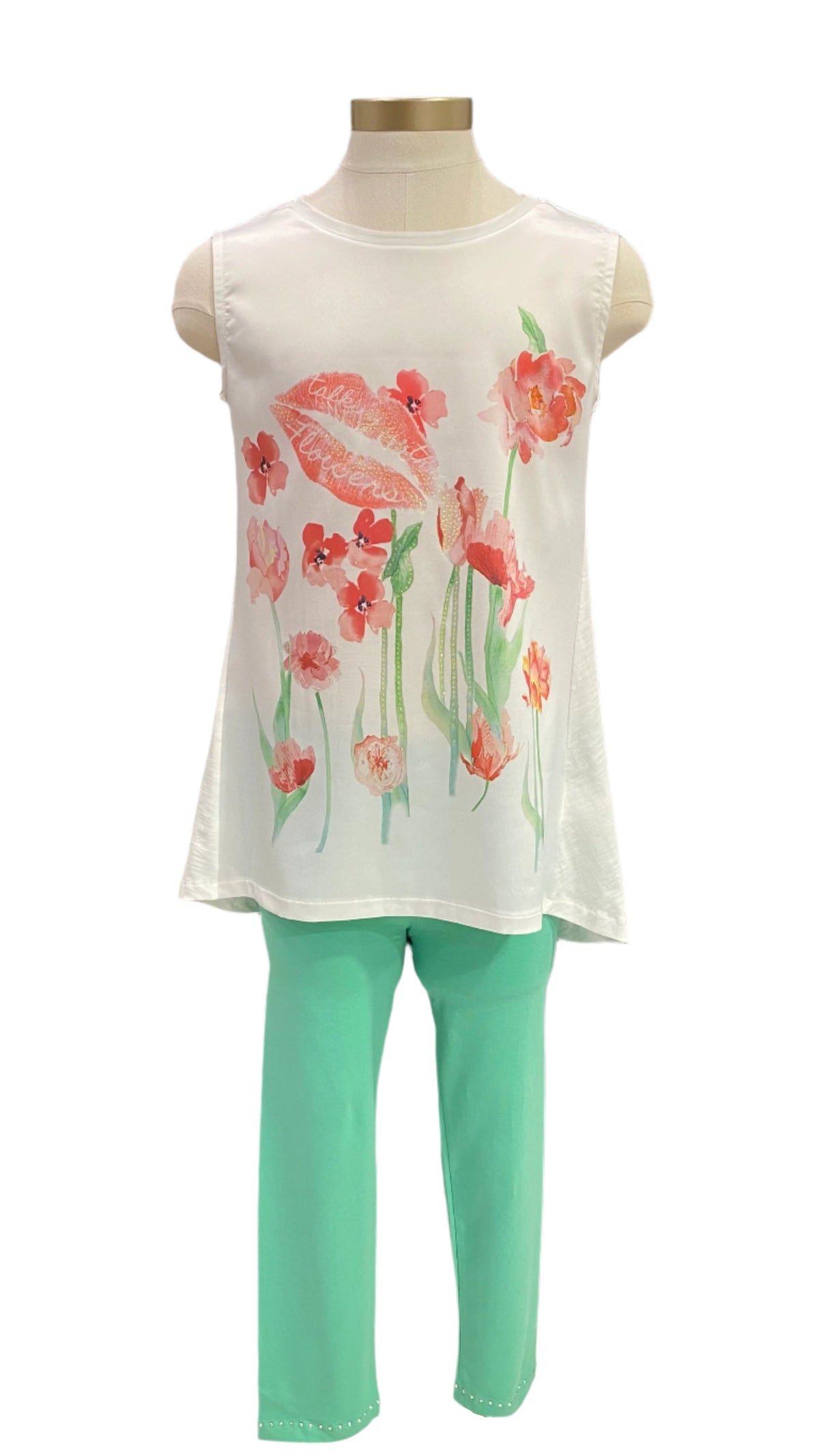 White Green Red Floreale Prato Leggings Set